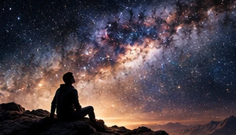 A solitary figure looks into a star-filled sky